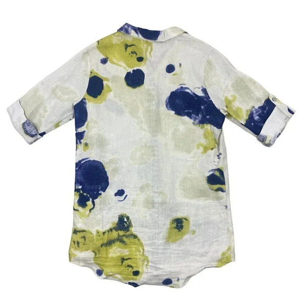 Earl Rutenberg Linen Button Up Shirt Size 4 Lagenlook Roll Tab White Watercolor - Picture 9 of 16